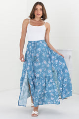 Hellen Maxi Skirt - High Waisted Skirt with Front Splits in Ishaka Print Blue