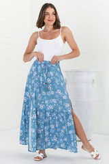 Hellen Maxi Skirt - High Waisted Skirt with Front Splits in Ishaka Print Blue