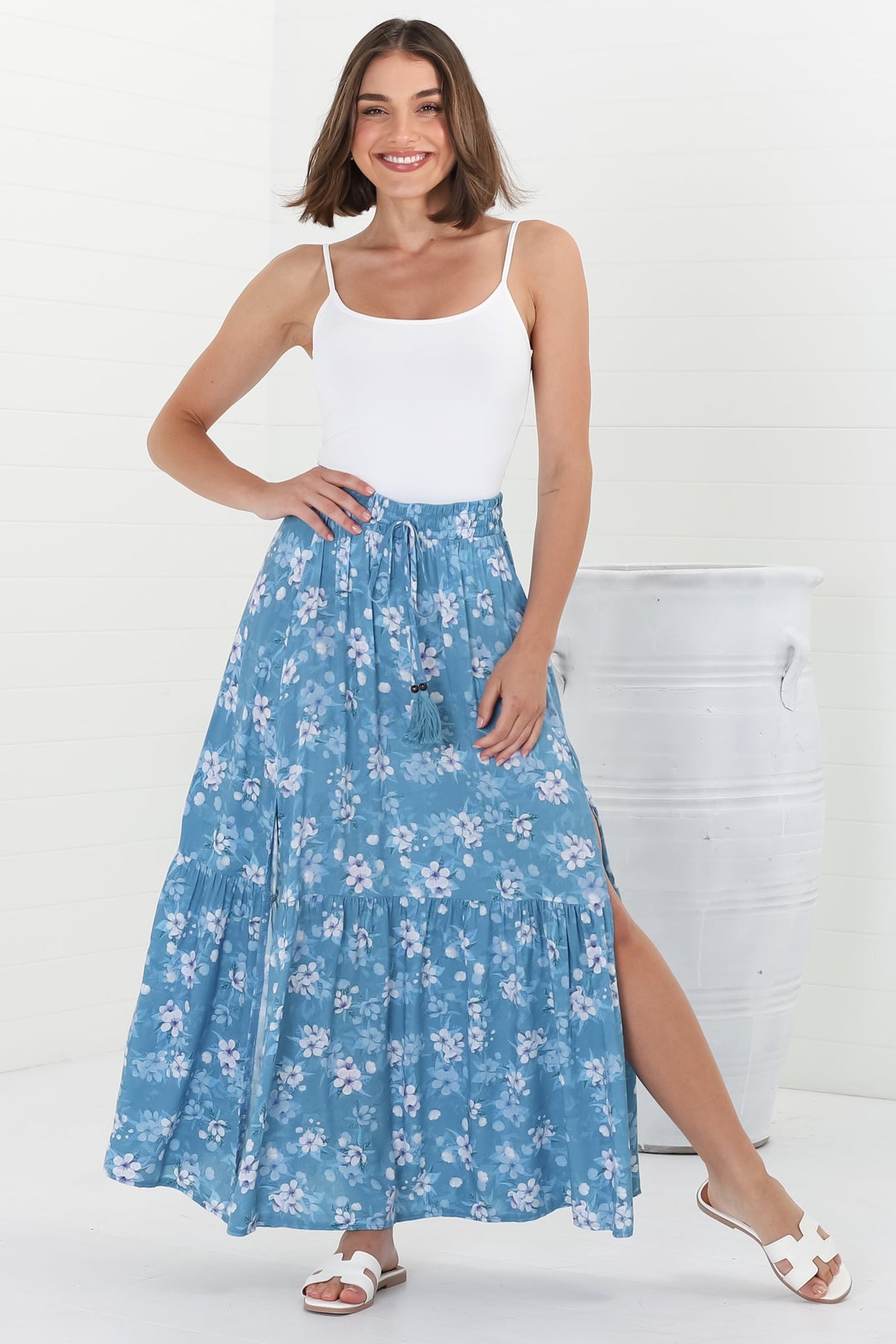 Hellen Maxi Skirt - High Waisted Skirt with Front Splits in Ishaka Print Blue