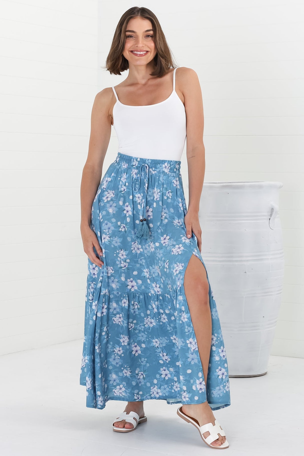 Hellen Maxi Skirt - High Waisted Skirt with Front Splits in Ishaka Print Blue