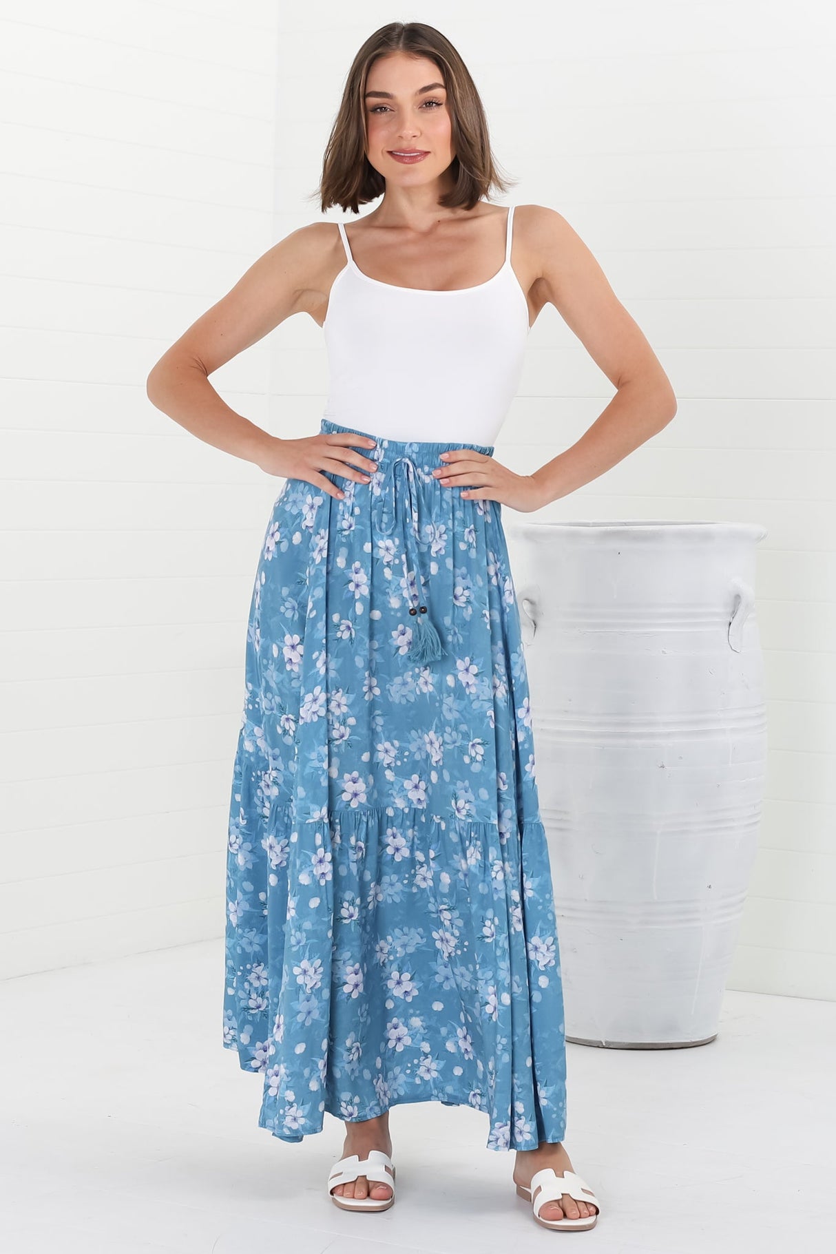 Hellen Maxi Skirt - High Waisted Skirt with Front Splits in Ishaka Print Blue