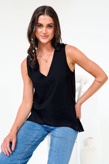 Hemingway Top - Asymmetrical Front High-Low V-Neck Sleeveless Top in Black