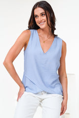 Hemingway Top - Asymmetrical Front High-Low V-Neck Sleeveless Top in Blue