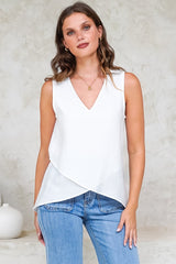 Hemingway Top - Asymmetrical Front High-Low V-Neck Sleeveless Top in White