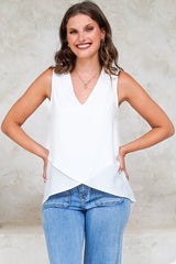 Hemingway Top - Asymmetrical Front High-Low V-Neck Sleeveless Top in White