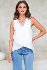 Hemingway Top - Asymmetrical Front High-Low V-Neck Sleeveless Top in White
