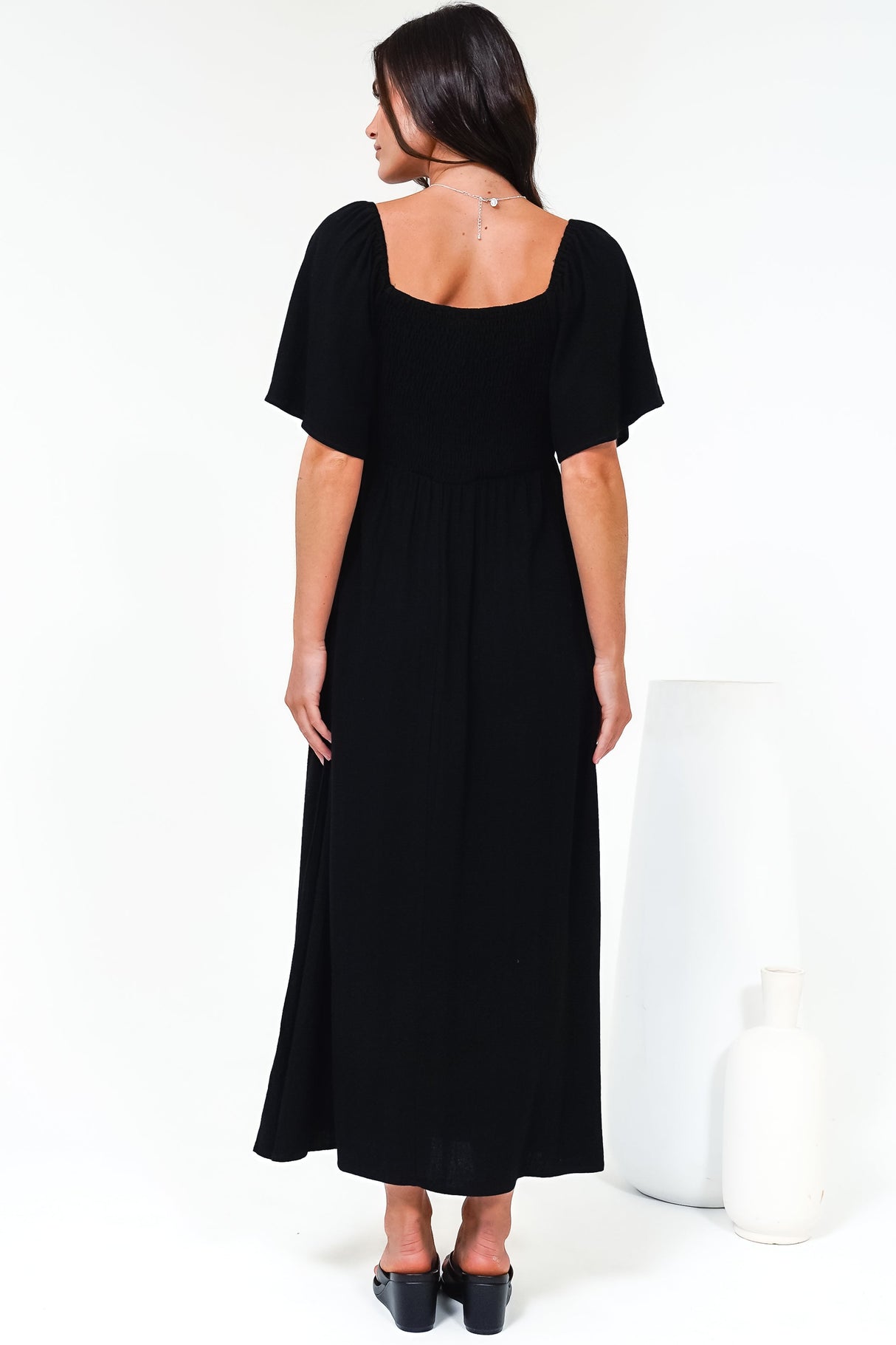 Henrietta Midi Dress - Sweetheart Neckline Short Sleeve Dress in Black