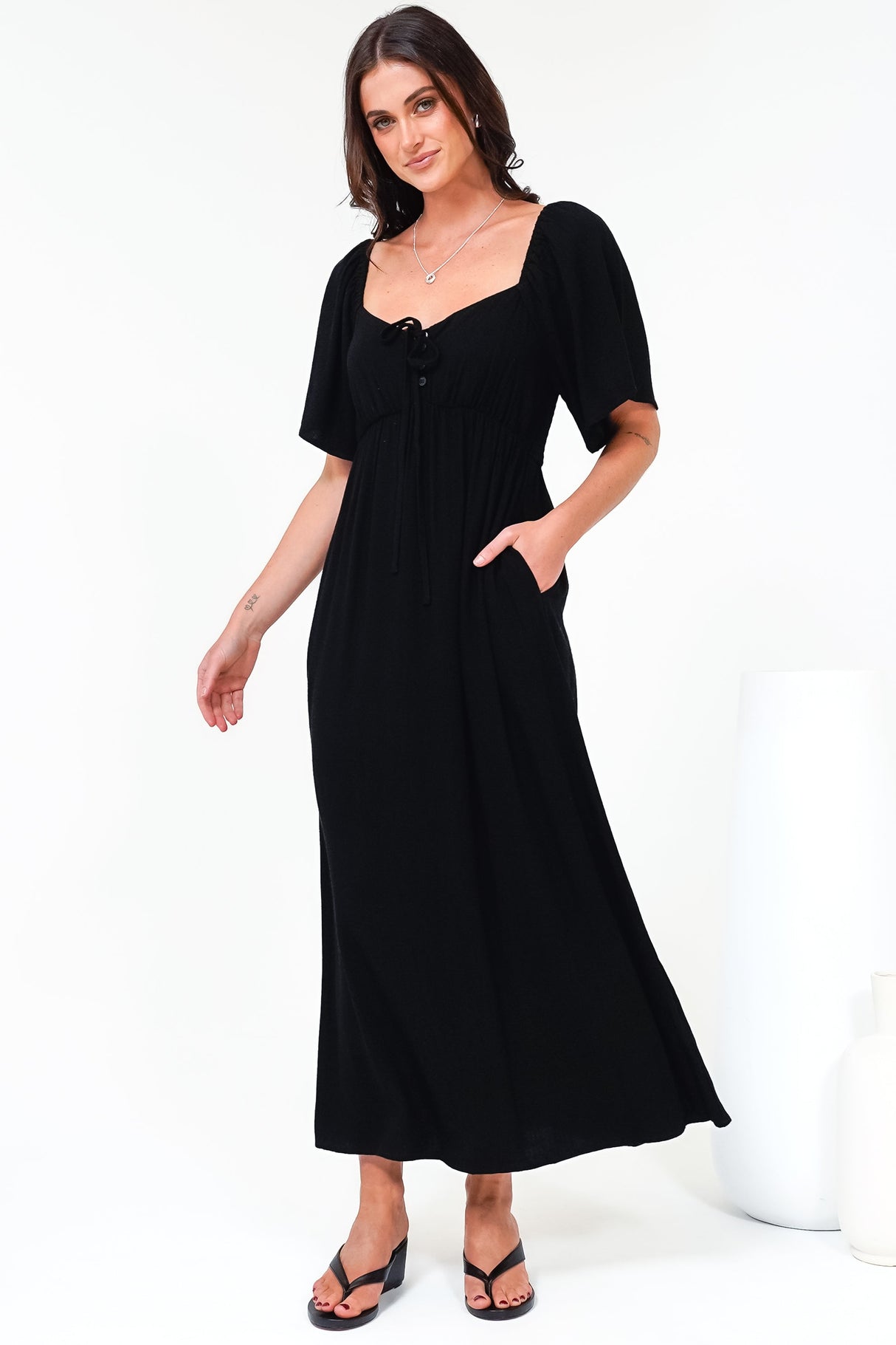 Henrietta Midi Dress - Sweetheart Neckline Short Sleeve Dress in Black