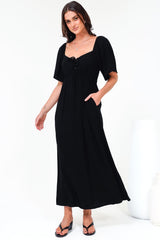 Henrietta Midi Dress - Sweetheart Neckline Short Sleeve Dress in Black