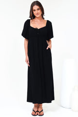 Henrietta Midi Dress - Sweetheart Neckline Short Sleeve Dress in Black