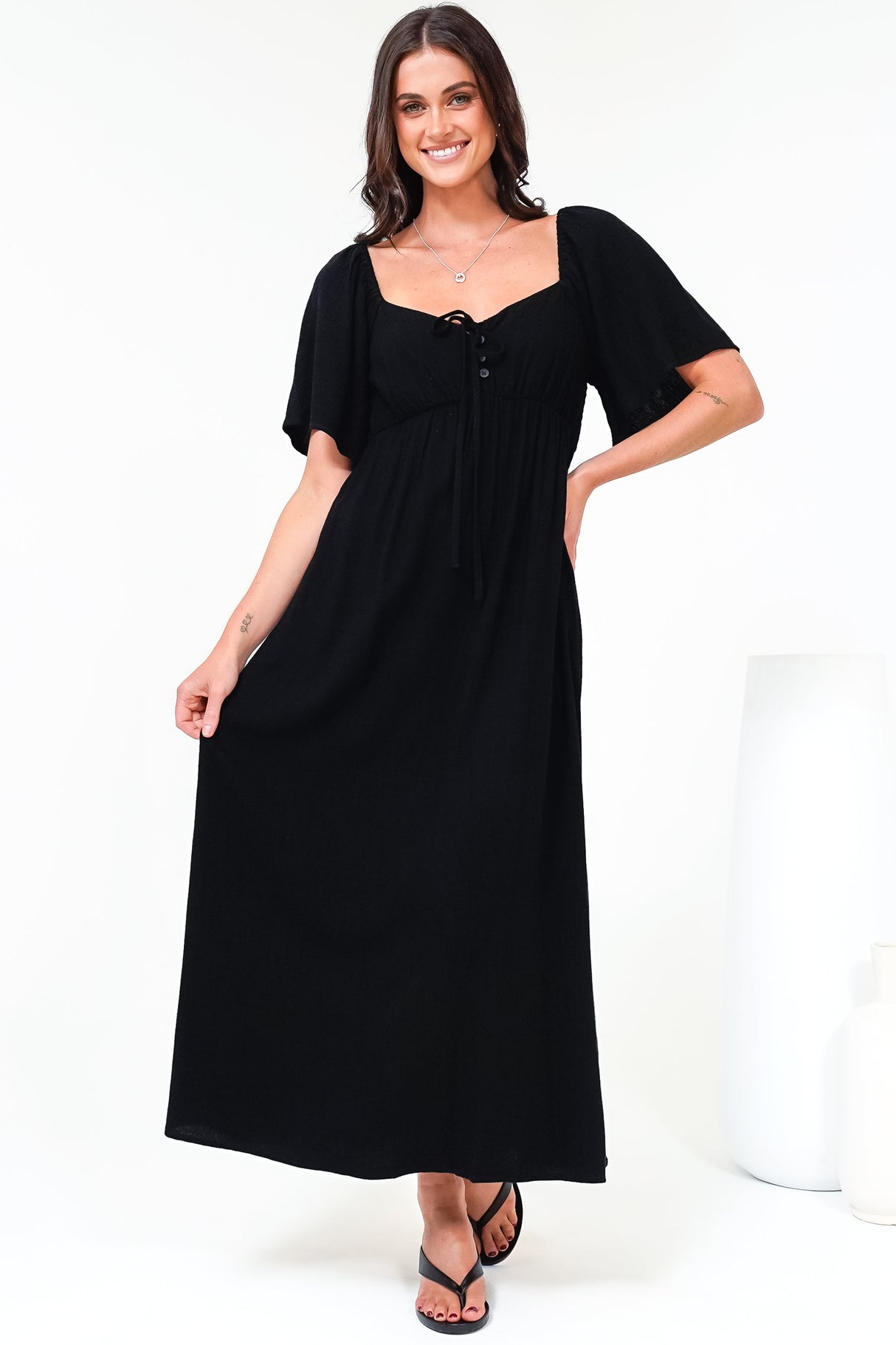 Henrietta Midi Dress - Sweetheart Neckline Short Sleeve Dress in Black