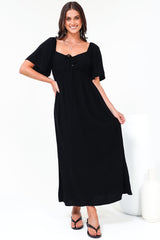 Henrietta Midi Dress - Sweetheart Neckline Short Sleeve Dress in Black