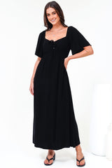 Henrietta Midi Dress - Sweetheart Neckline Short Sleeve Dress in Black