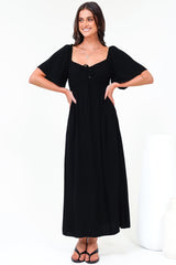 Henrietta Midi Dress - Sweetheart Neckline Short Sleeve Dress in Black