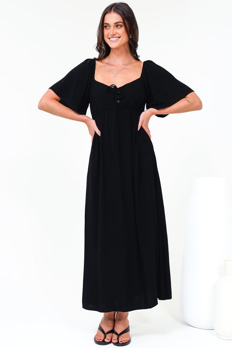 Henrietta Midi Dress - Sweetheart Neckline Short Sleeve Dress in Black