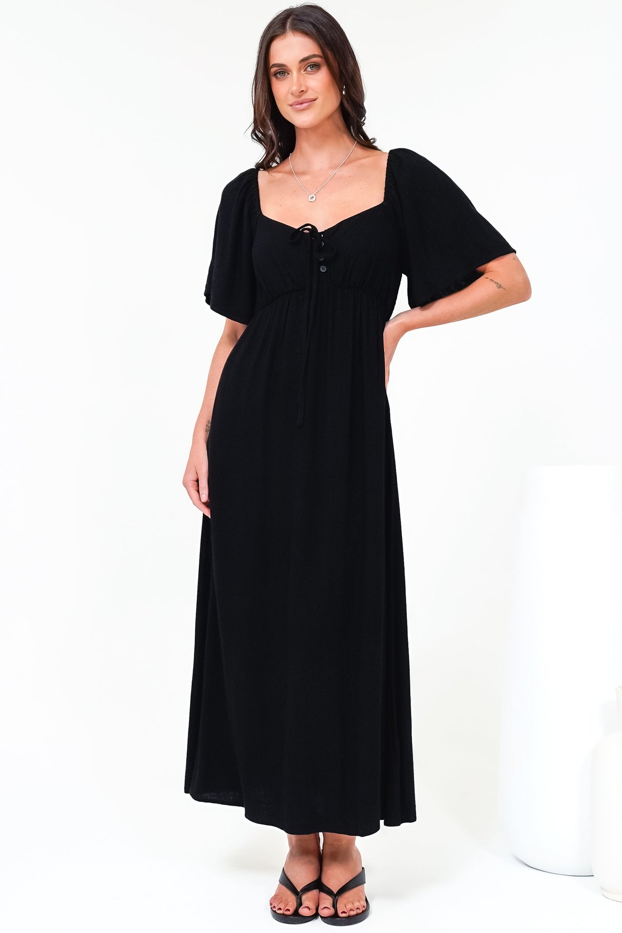 Henrietta Midi Dress - Sweetheart Neckline Short Sleeve Dress in Black