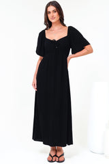 Henrietta Midi Dress - Sweetheart Neckline Short Sleeve Dress in Black