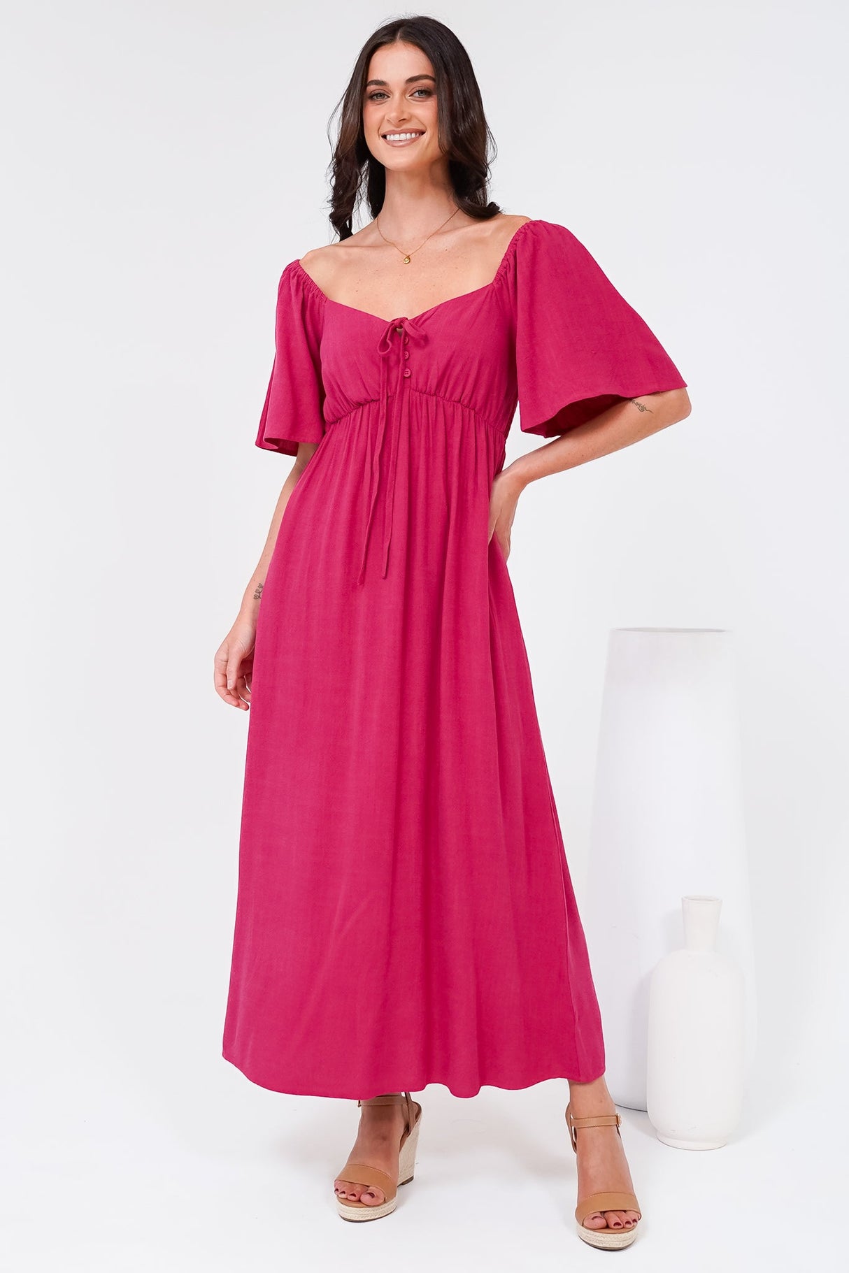 Henrietta Midi Dress - Sweetheart Neckline Short Sleeve Dress in Hot Pink