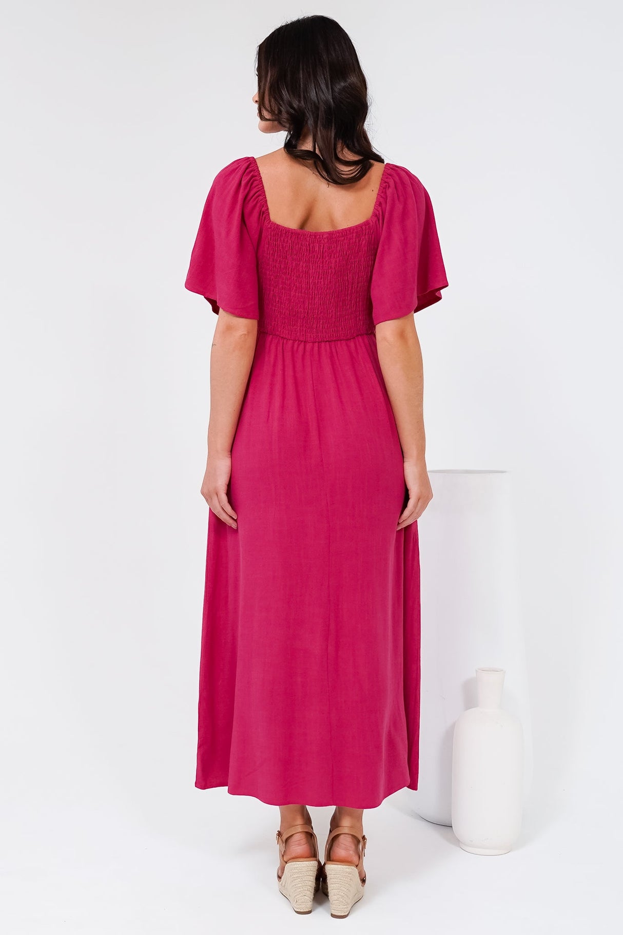Henrietta Midi Dress - Sweetheart Neckline Short Sleeve Dress in Hot Pink
