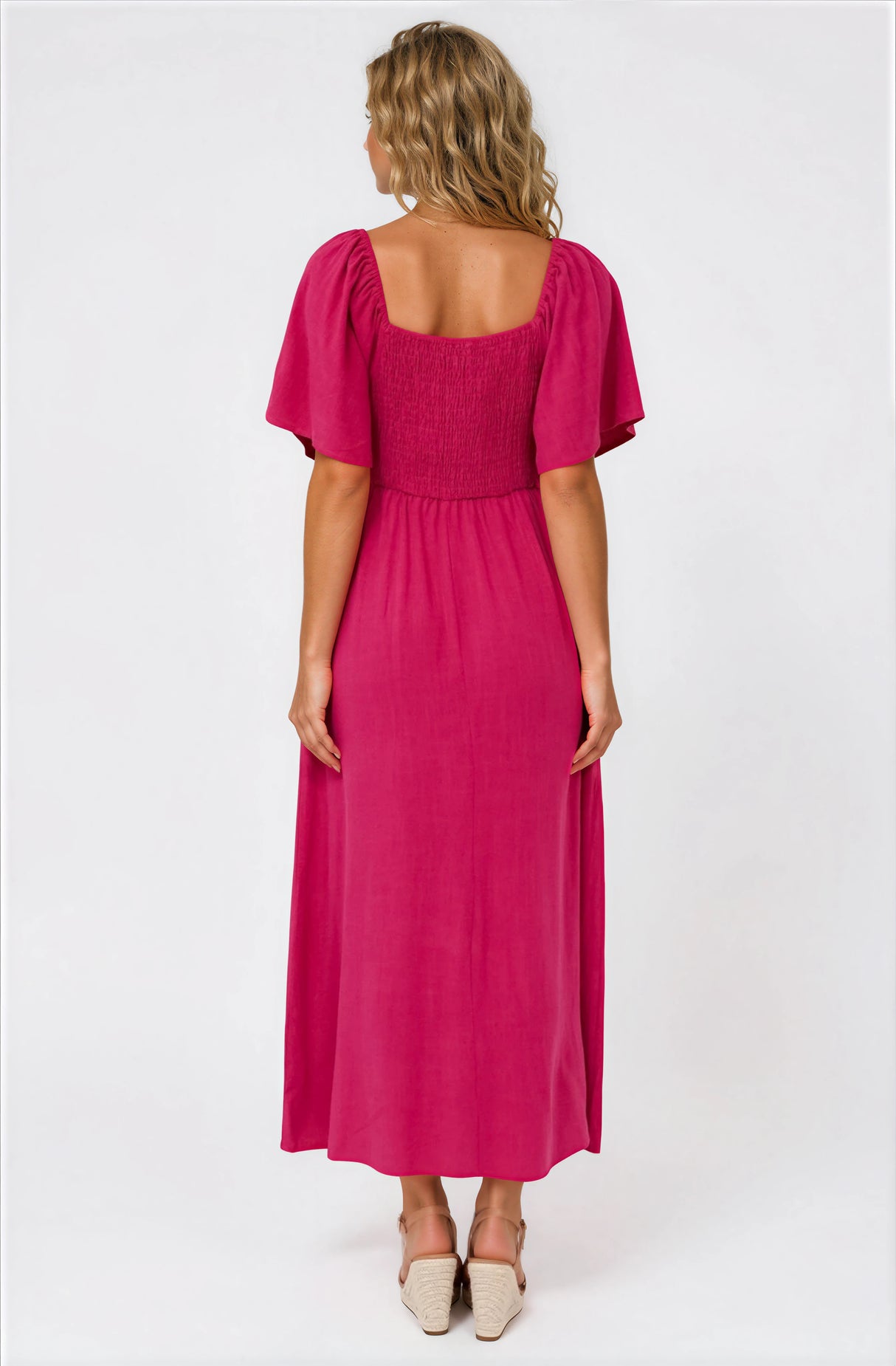 Henrietta Midi Dress - Sweetheart Neckline Short Sleeve Dress in Hot Pink