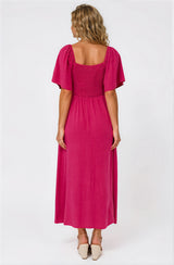 Henrietta Midi Dress - Sweetheart Neckline Short Sleeve Dress in Hot Pink