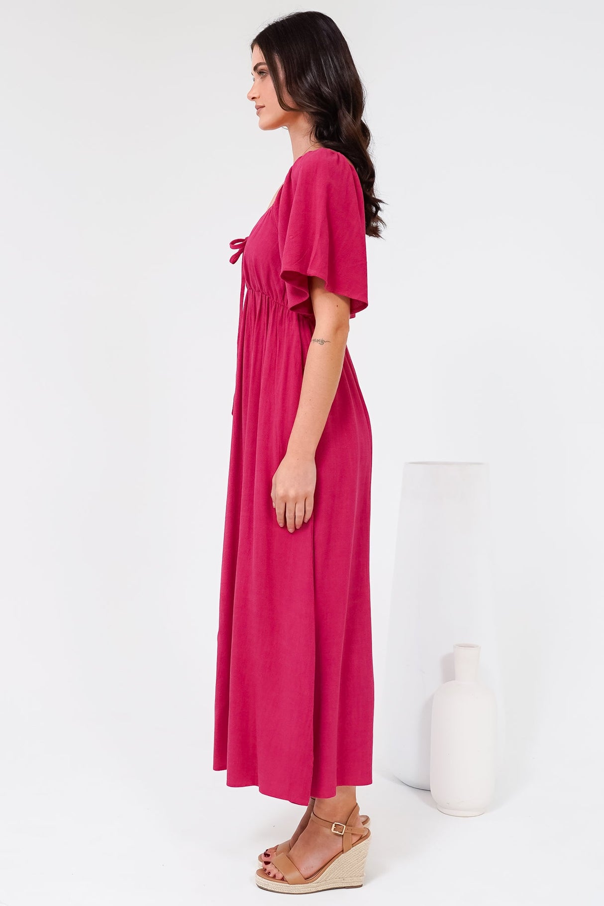 Henrietta Midi Dress - Sweetheart Neckline Short Sleeve Dress in Hot Pink