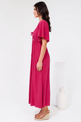 Henrietta Midi Dress - Sweetheart Neckline Short Sleeve Dress in Hot Pink