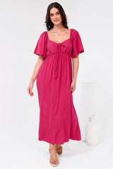 Henrietta Midi Dress - Sweetheart Neckline Short Sleeve Dress in Hot Pink