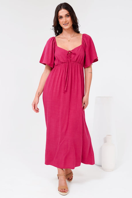 Henrietta Midi Dress - Sweetheart Neckline Short Sleeve Dress in Hot Pink