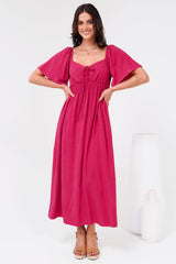 Henrietta Midi Dress - Sweetheart Neckline Short Sleeve Dress in Hot Pink
