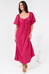 Henrietta Midi Dress - Sweetheart Neckline Short Sleeve Dress in Hot Pink