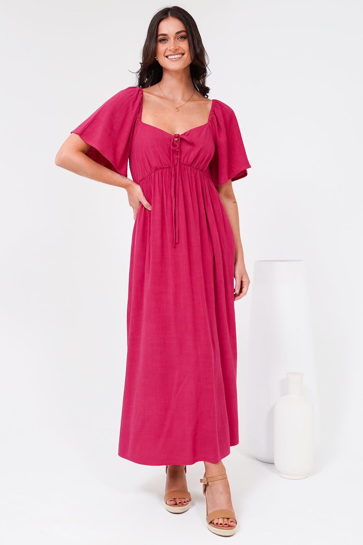 Henrietta Midi Dress - Sweetheart Neckline Short Sleeve Dress in Hot Pink