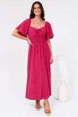 Henrietta Midi Dress - Sweetheart Neckline Short Sleeve Dress in Hot Pink