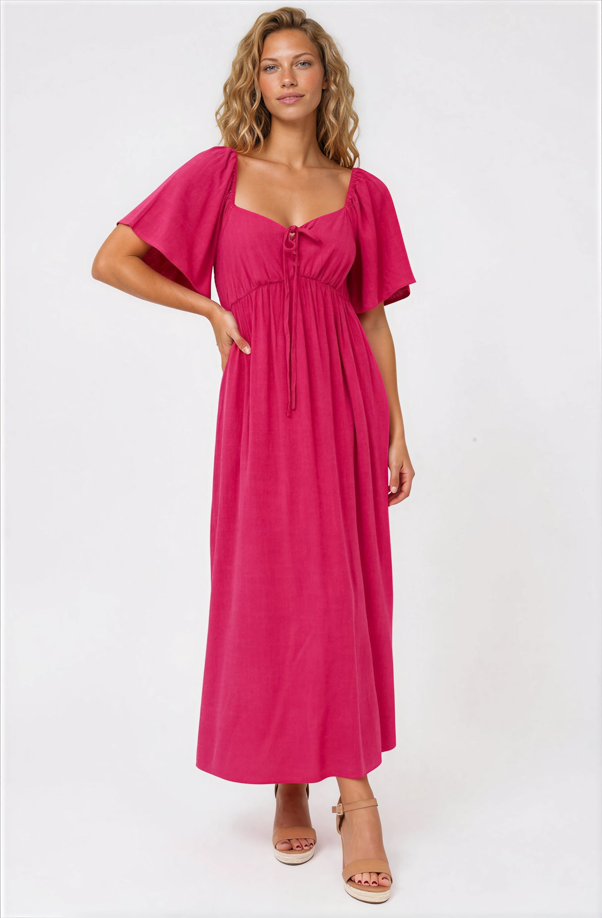 Henrietta Midi Dress - Sweetheart Neckline Short Sleeve Dress in Hot Pink