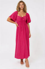 Henrietta Midi Dress - Sweetheart Neckline Short Sleeve Dress in Hot Pink