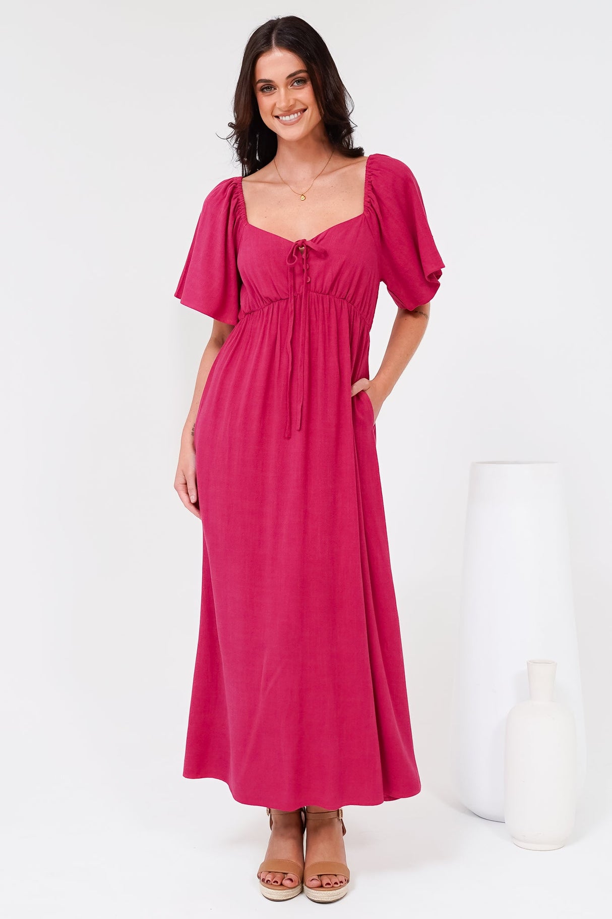 Henrietta Midi Dress - Sweetheart Neckline Short Sleeve Dress in Hot Pink