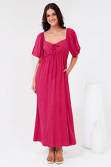 Henrietta Midi Dress - Sweetheart Neckline Short Sleeve Dress in Hot Pink