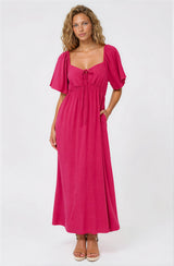 Henrietta Midi Dress - Sweetheart Neckline Short Sleeve Dress in Hot Pink