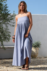 Hepburn Midi Dress - Adjustable Strap Pleated Bodice Sun Dress in Blue