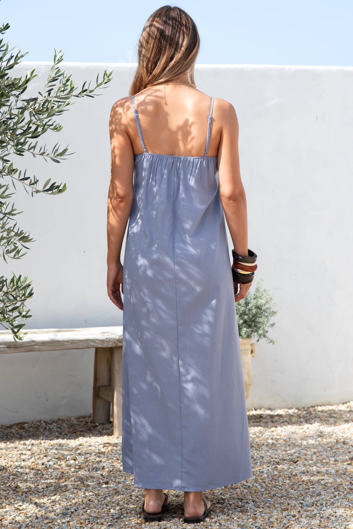 Hepburn Midi Dress - Adjustable Strap Pleated Bodice Sun Dress in Blue