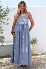 Hepburn Midi Dress - Adjustable Strap Pleated Bodice Sun Dress in Blue