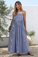 Hepburn Midi Dress - Adjustable Strap Pleated Bodice Sun Dress in Blue