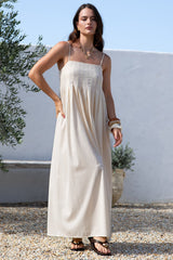 Hepburn Midi Dress - Adjustable Strap Pleated Bodice Sun Dress in Cream