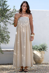 Hepburn Midi Dress - Adjustable Strap Pleated Bodice Sun Dress in Cream