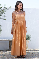 Hepburn Midi Dress - Adjustable Strap Pleated Bodice Sun Dress in Peach