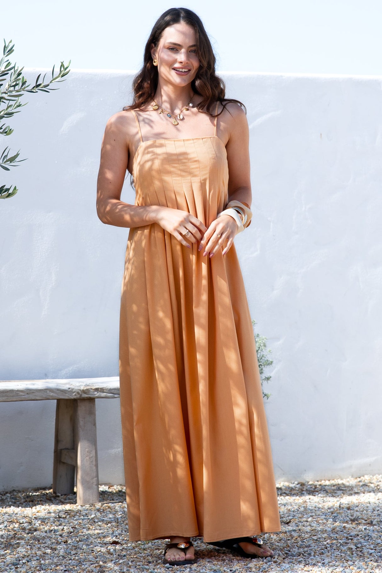 Hepburn Midi Dress - Adjustable Strap Pleated Bodice Sun Dress in Peach