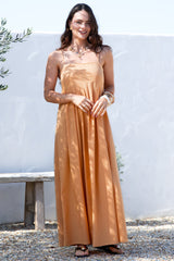 Hepburn Midi Dress - Adjustable Strap Pleated Bodice Sun Dress in Peach