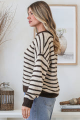 Hershey Jumper - Crew Neck Striped Ribbed Hem Knit in Cream/Chocolate