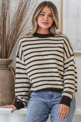 Hershey Jumper - Crew Neck Striped Ribbed Hem Knit in Cream/Chocolate