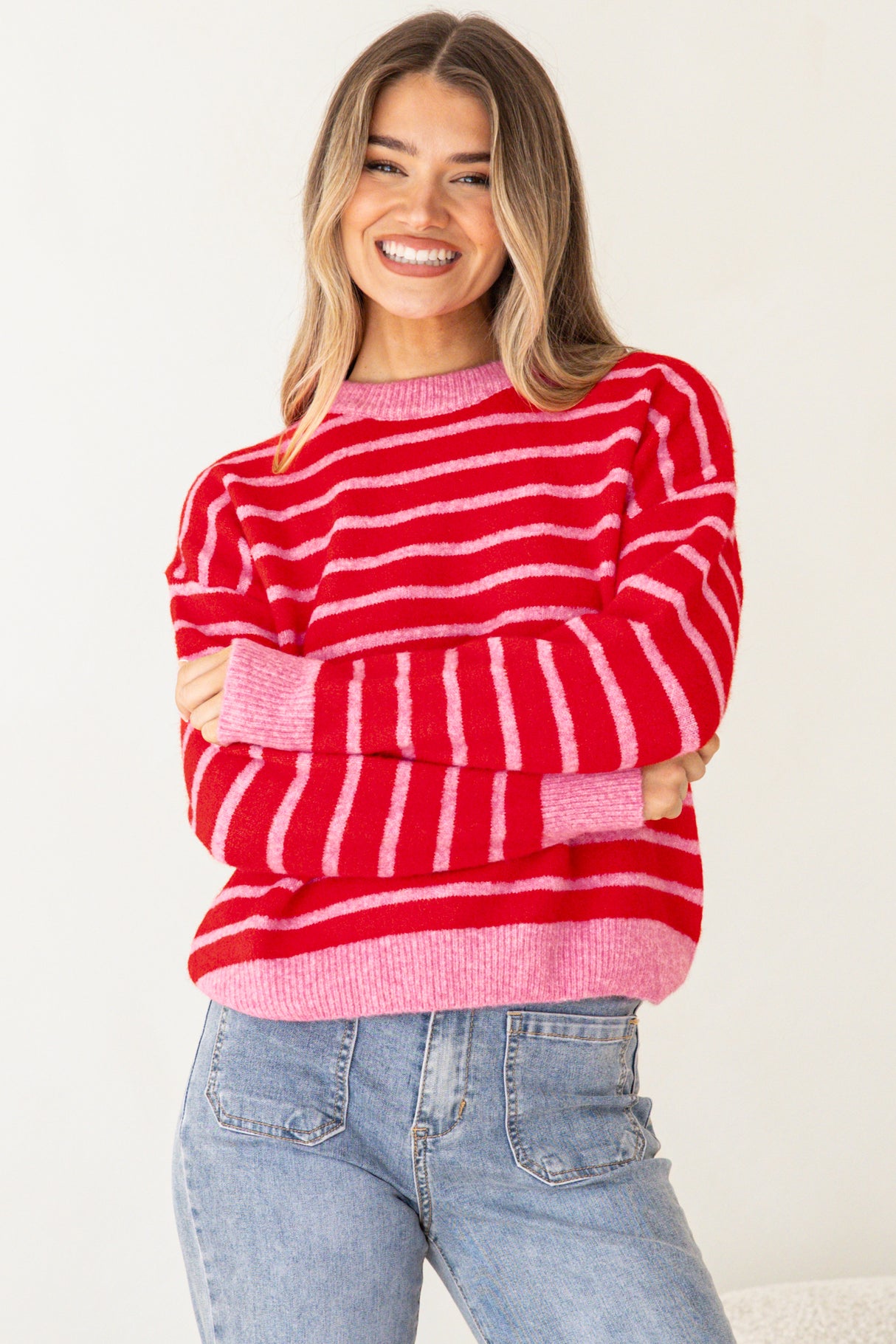 Hershey Jumper - Crew Neck Striped Ribbed Hem Knit in Pink/Red